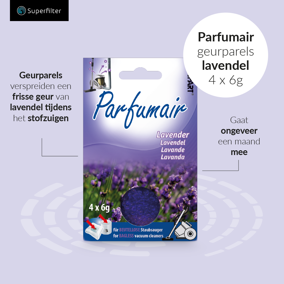 Stofzuiger parfum lavendel - Geurparels 4x 6g