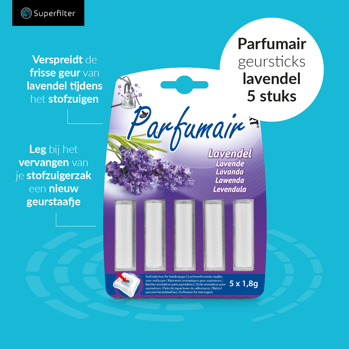 Stofzak verfrisser lavendel - 5 st. geursticks