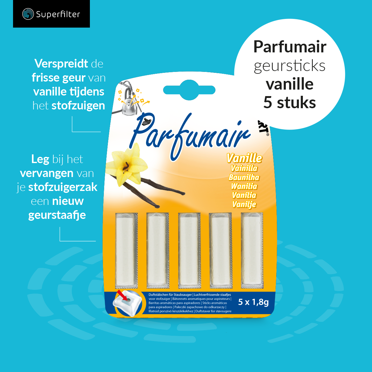 Stofzak verfrisser vanille - 5 st. geursticks
